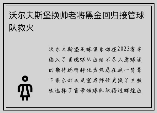 沃尔夫斯堡换帅老将黑金回归接管球队救火 沃尔夫斯堡换帅老将黑金回归接管球队救火